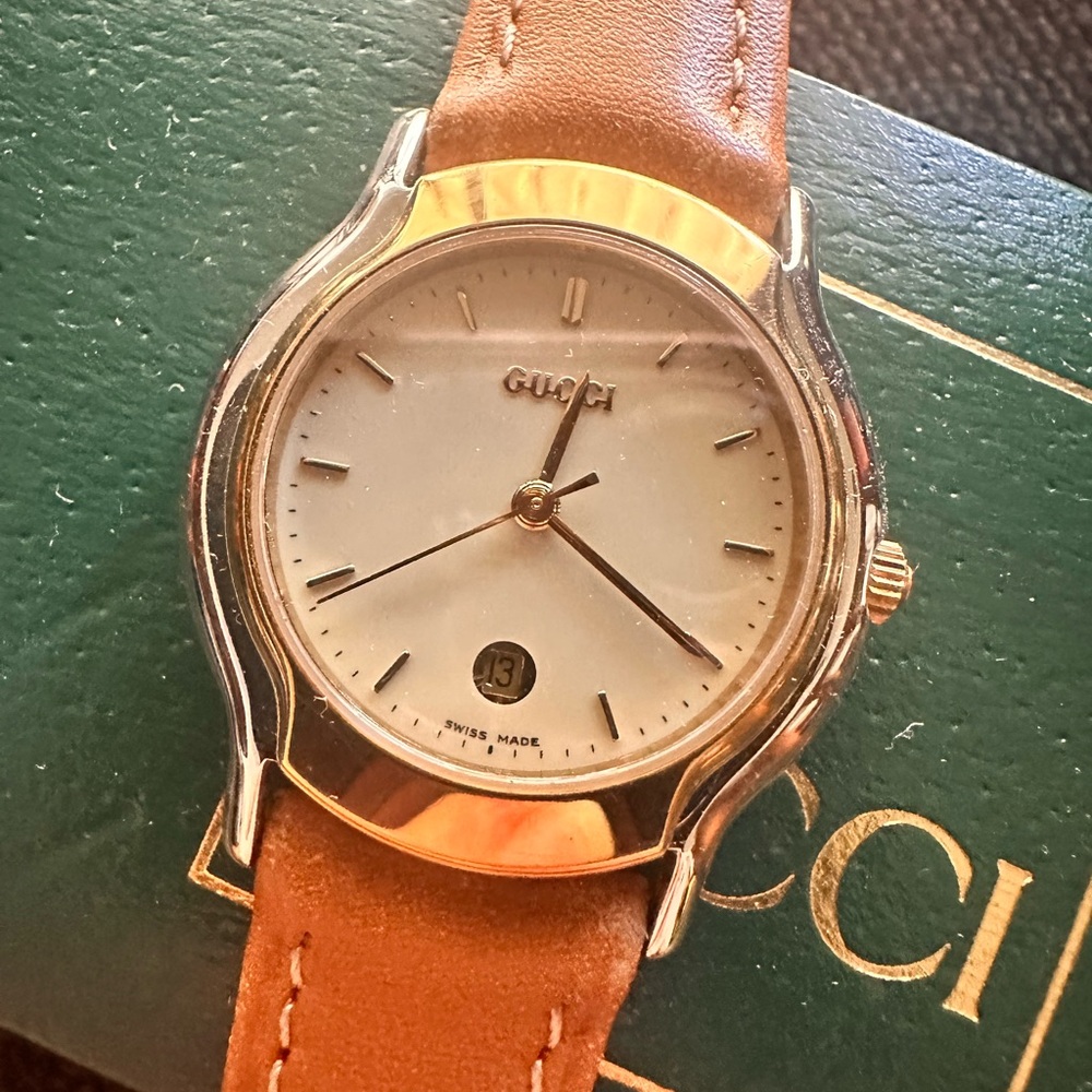 Gucci Ladies Gold and Silver Watch with Brown Strap